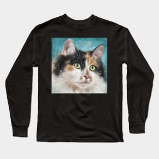 Painting of an Adorable Calico Tri-Color Cat with Gorgeous Green Eyes Long Sleeve T-Shirt